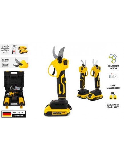 DYOBI Çift Akülü Yüksek Kalite Metal Şanzıman  MaviŞarjlı Dal Budama Makası 30mm 24V 3.0AH